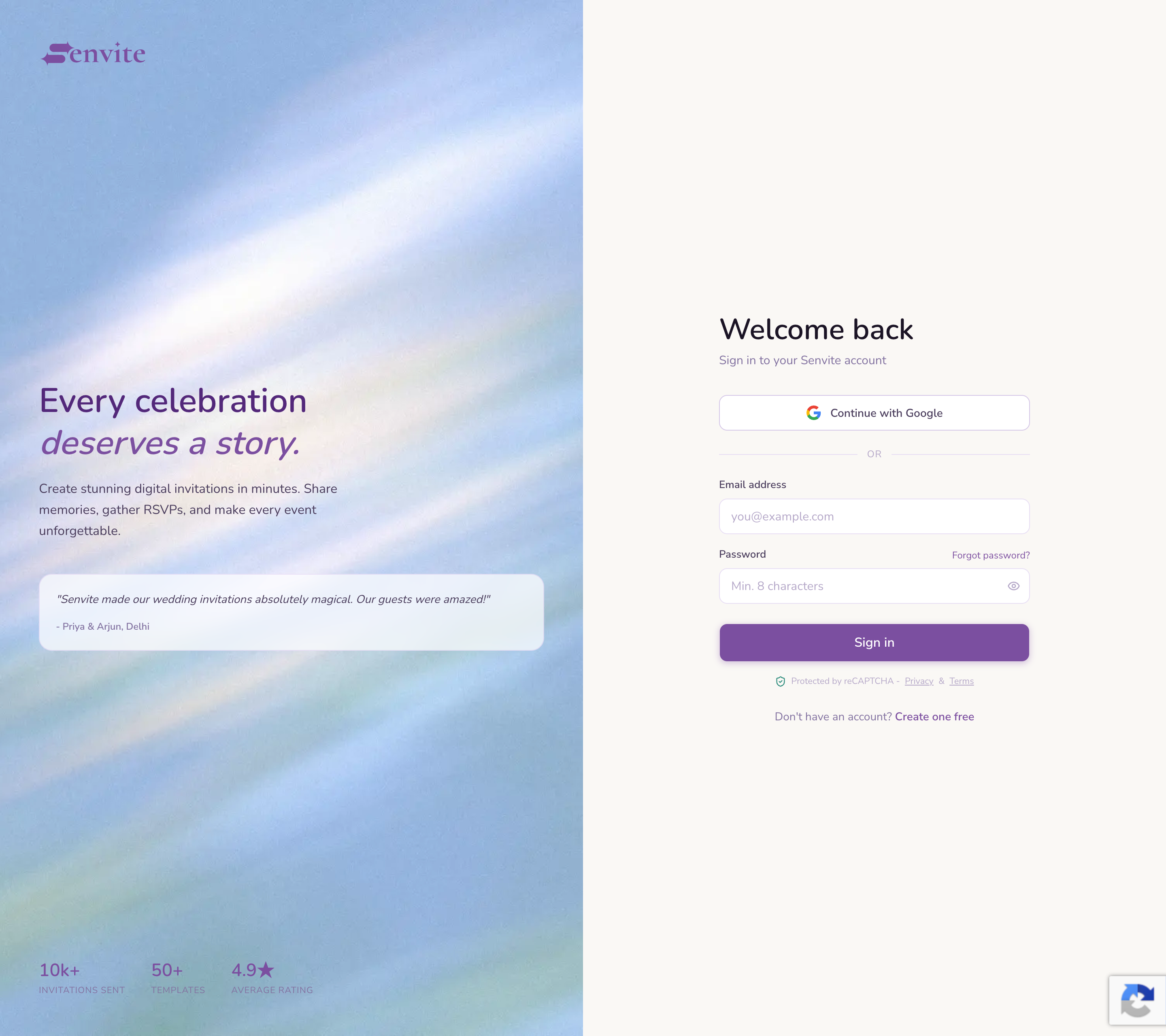 Senvite authentication experience