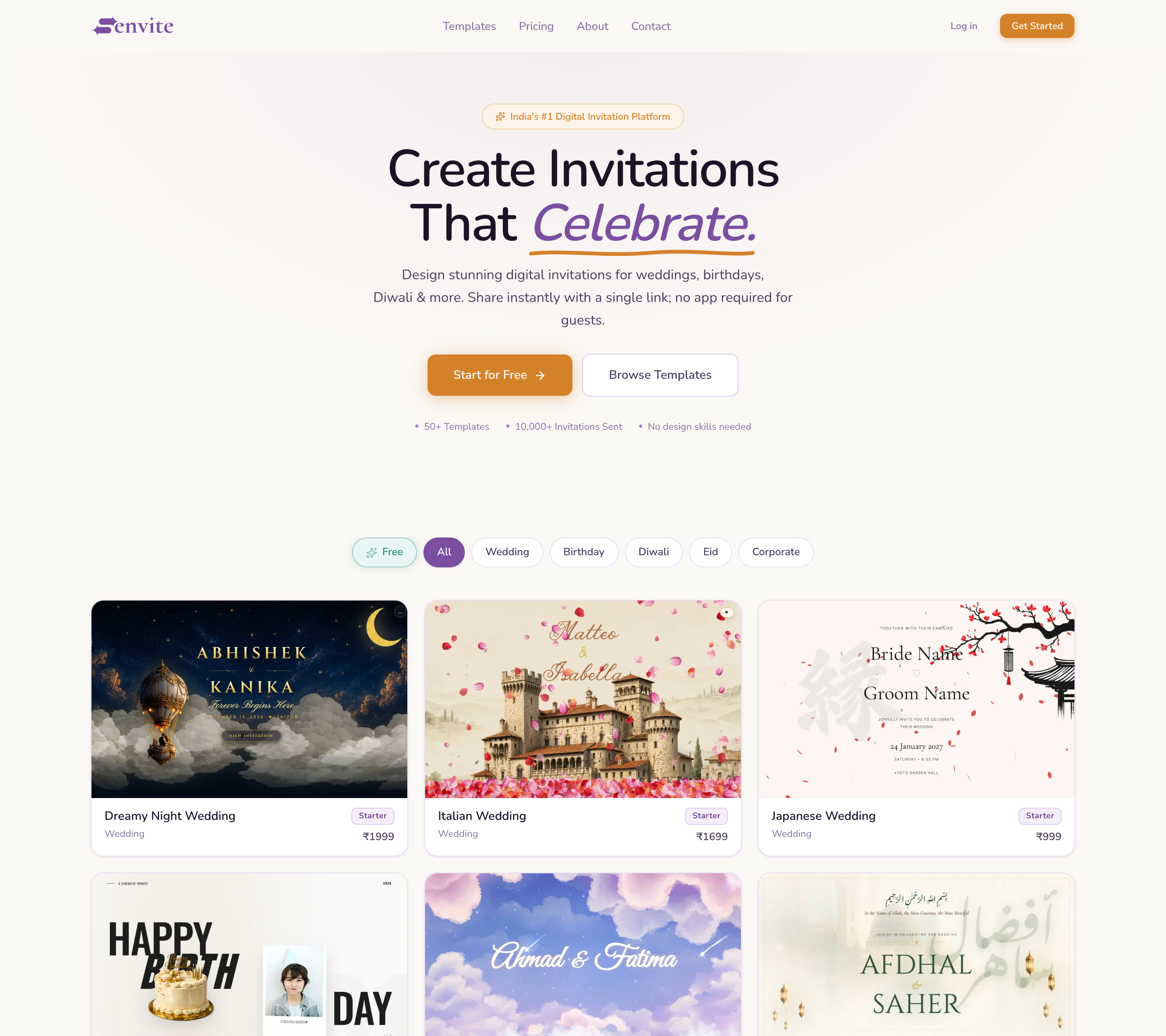 Senvite home page and template gallery