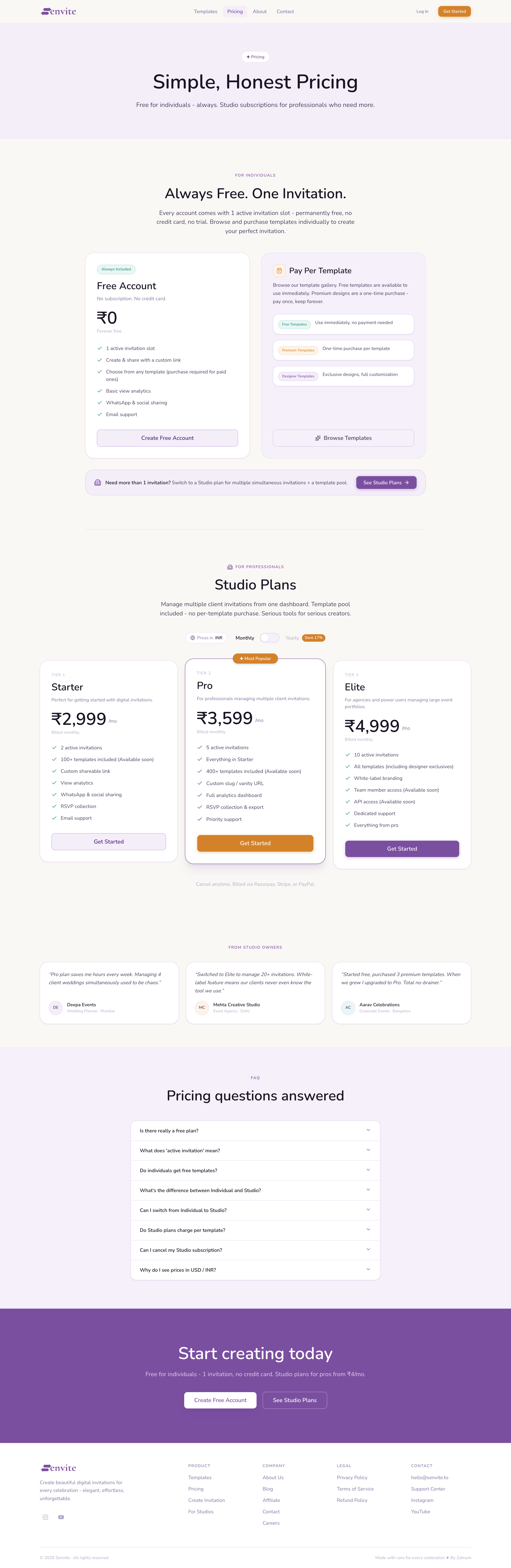 Senvite pricing experience