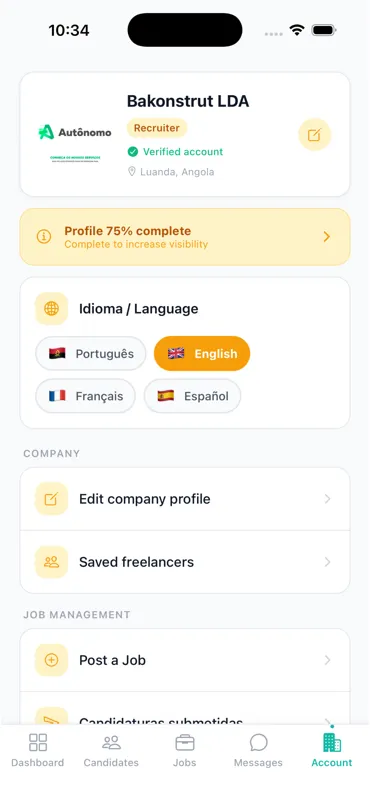 Autonomo account screen