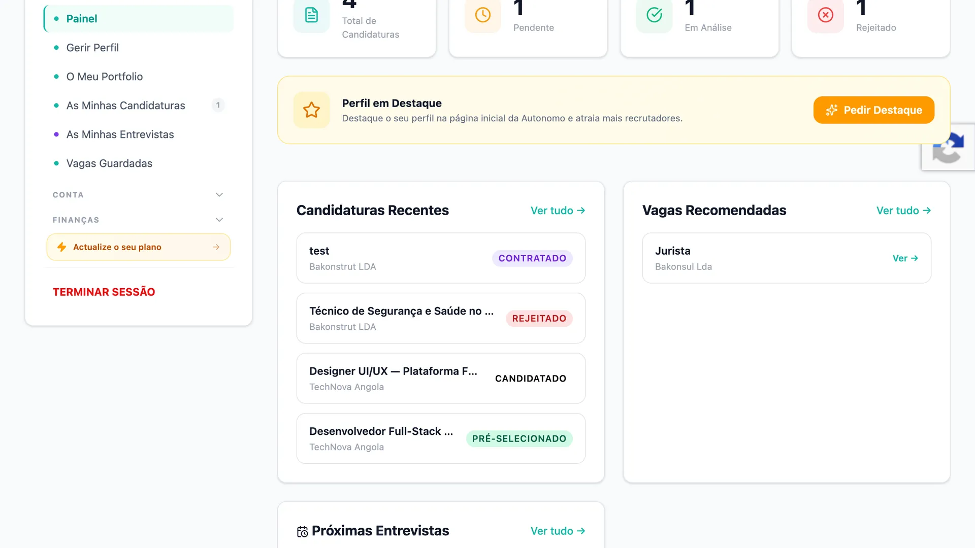Autonomo dashboard page